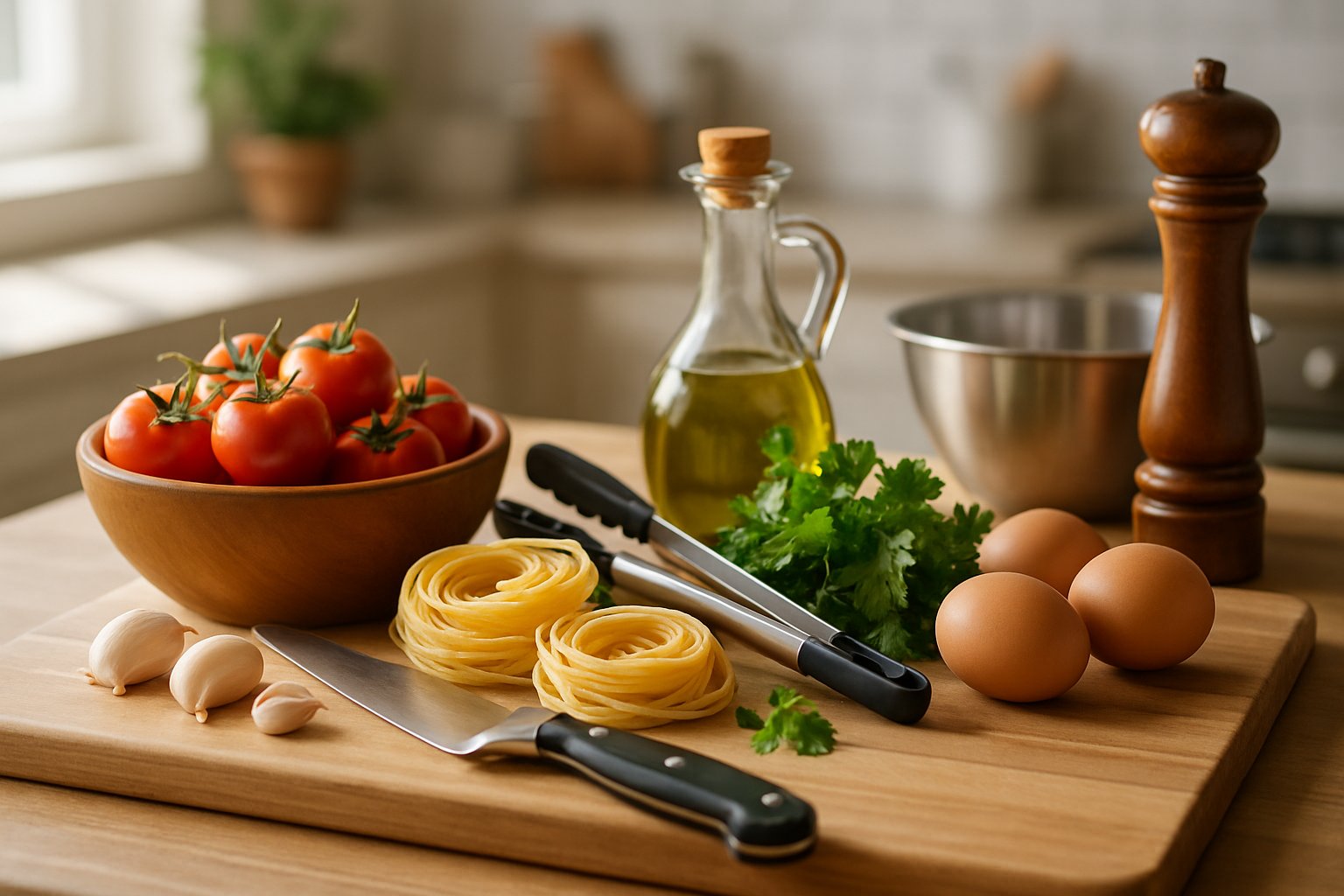 Tavolo di cucina con i principali attrezzi essenziali disposti ordinatamente: coltello chef, tagliere in legno, pentola, padella, mestoli di legno, spremiagrumi e bilancia digitale su sfondo bianco