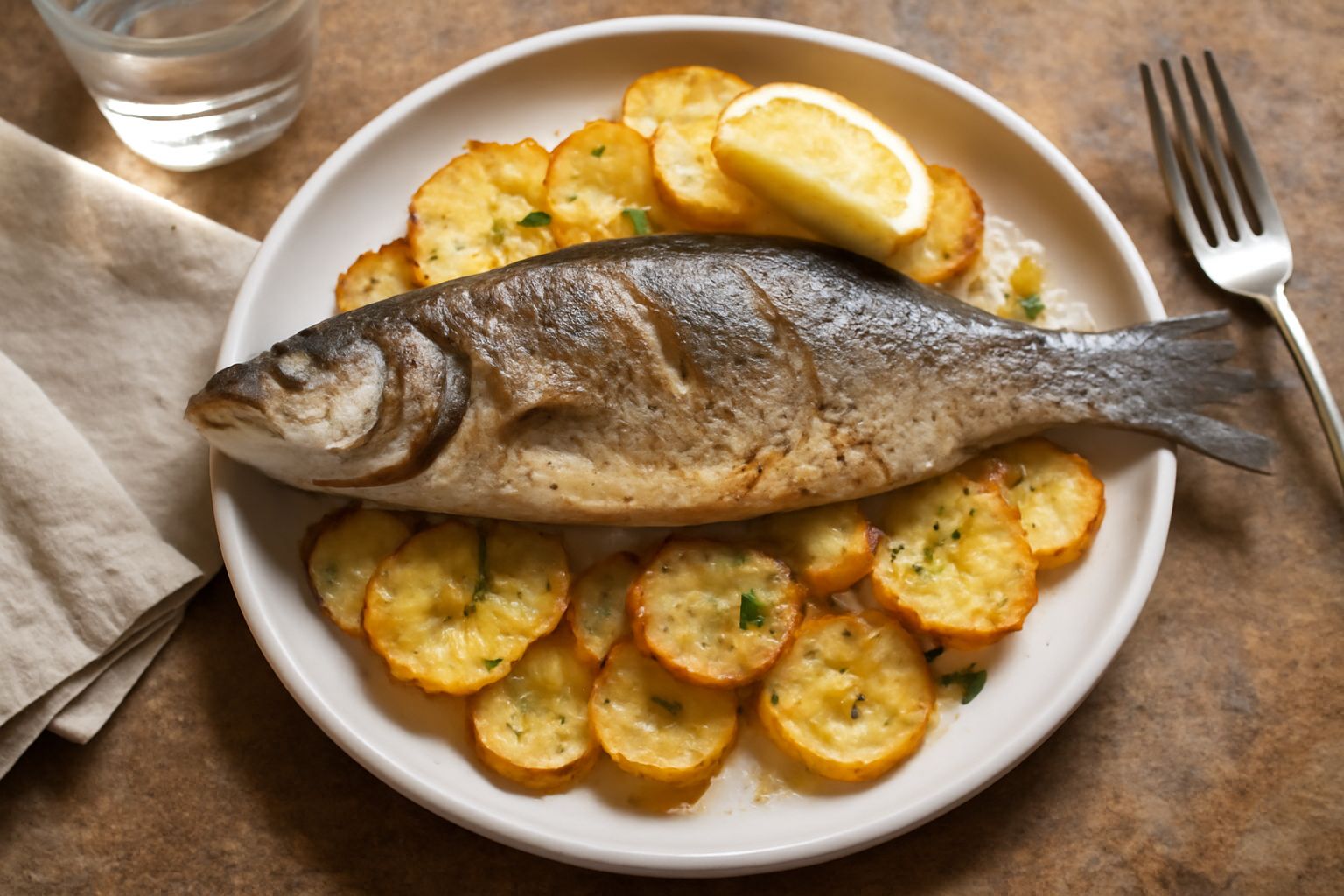 Branzino intero dorato al forno in una pirofila con patate grigie e rosmarino, pelle croccante, limone affettato attorno
