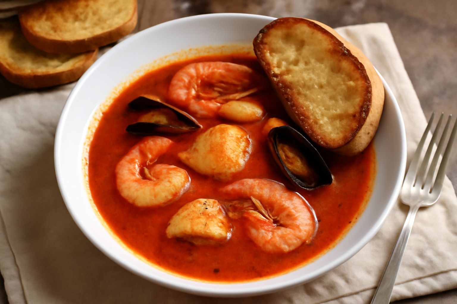 Brodetto di pesce con pane tostato