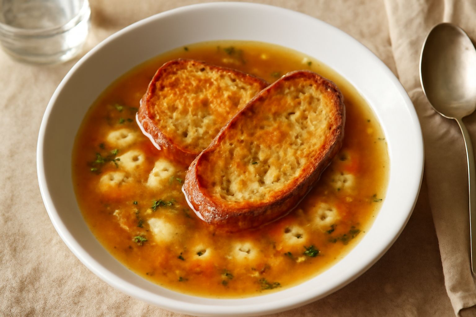 Brodo di pesce con pane abbrustolito