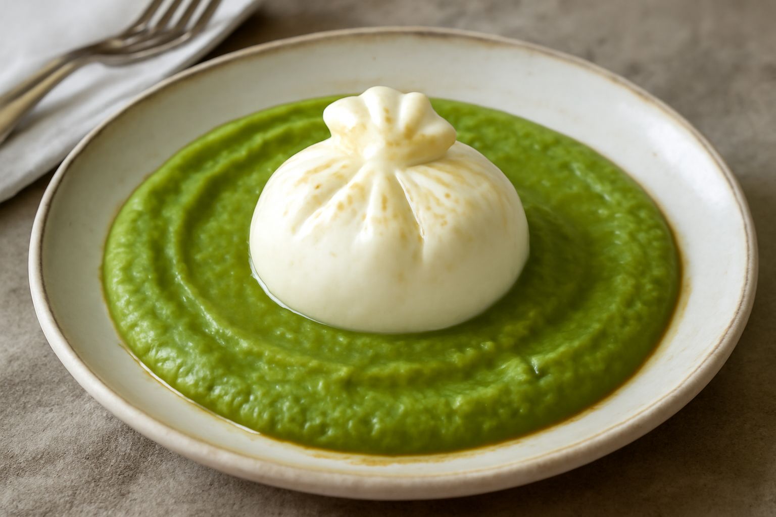 Burrata su purè di fave: cremosità equilibrata da leggerezza verde e proteine vegetali