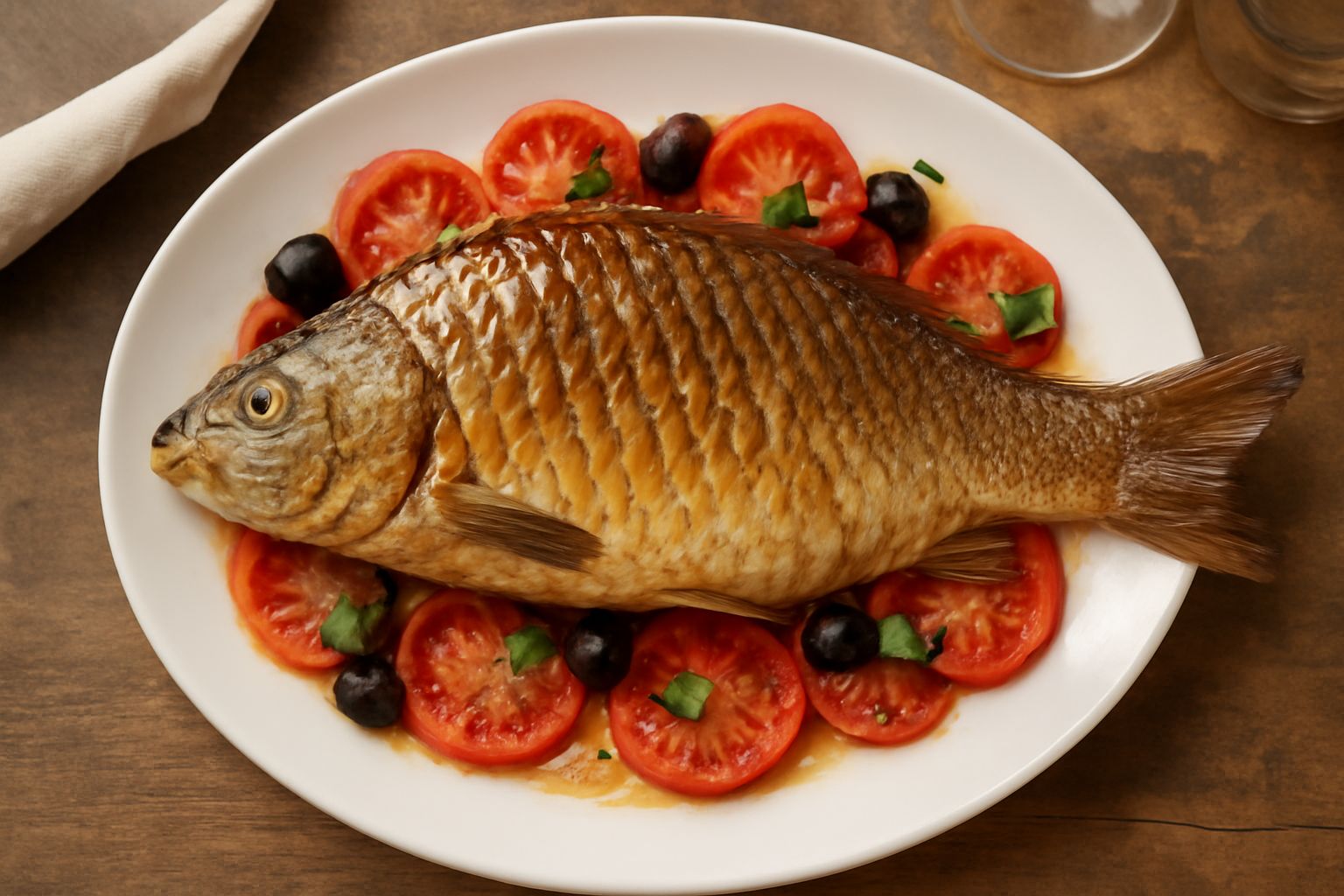 Carpa al forno con pomodori
