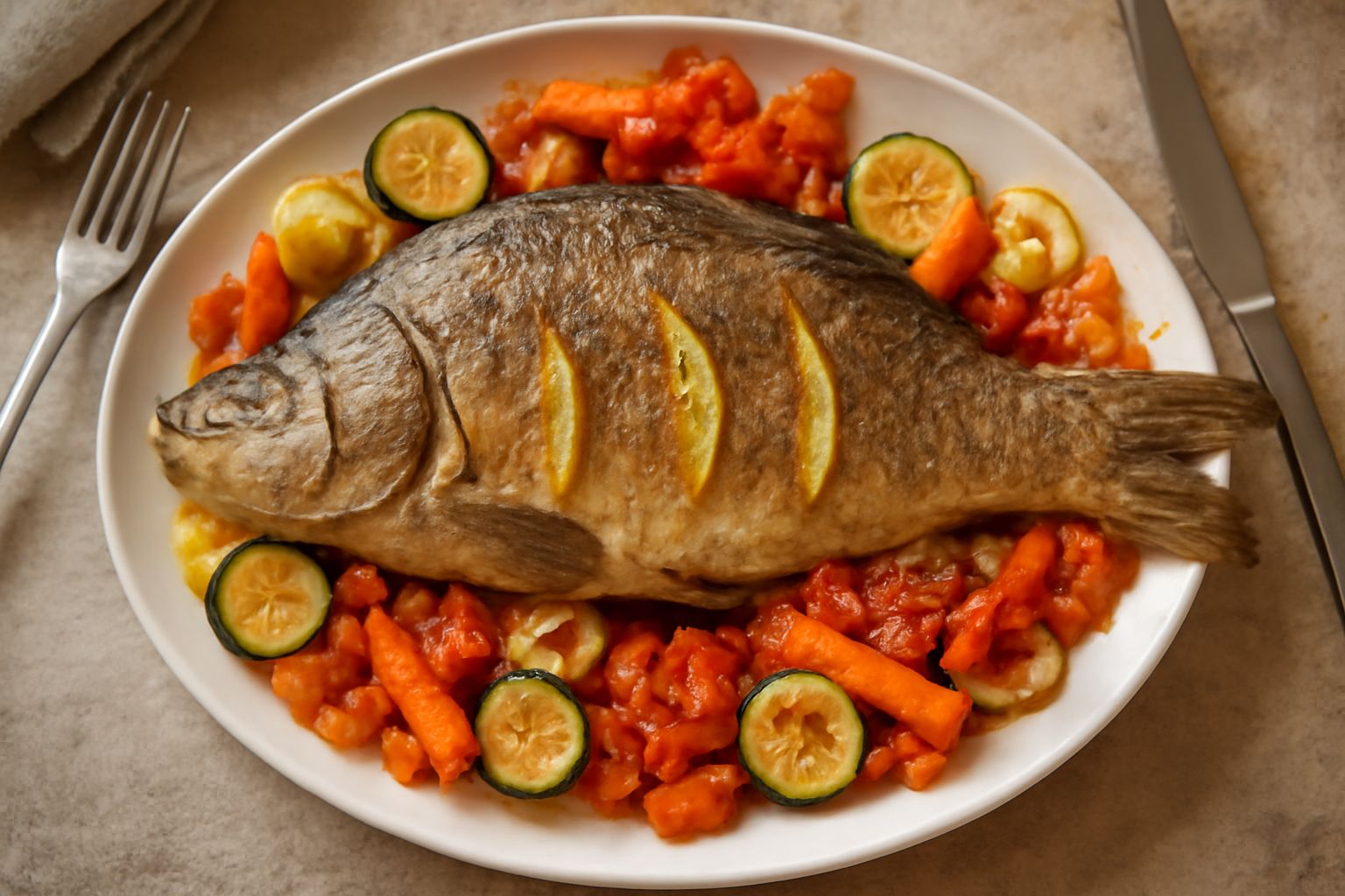 Carpa al forno con verdure