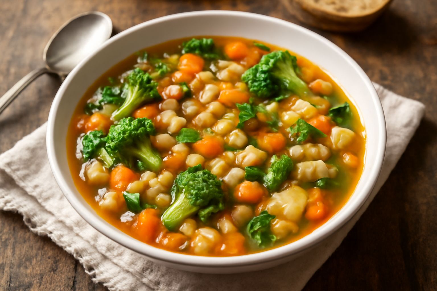 Pentola di minestrone fumante con verdure miste, pasta e fagioli, brodo trasparente e ricco di colore, accanto a una ciotola di brodo chiaro su fuoco
