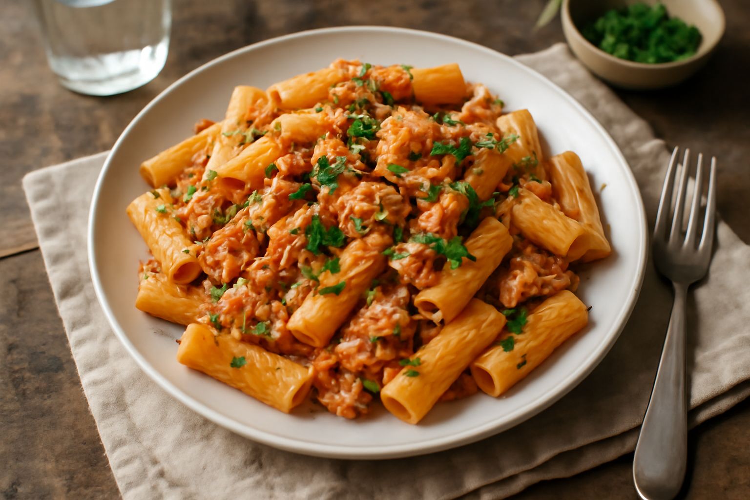 Piatto di pasta spaghetti con tonno, gocce di olio d'oliva, aglio affettato e una buccia di limone, su tavolo di legno naturale