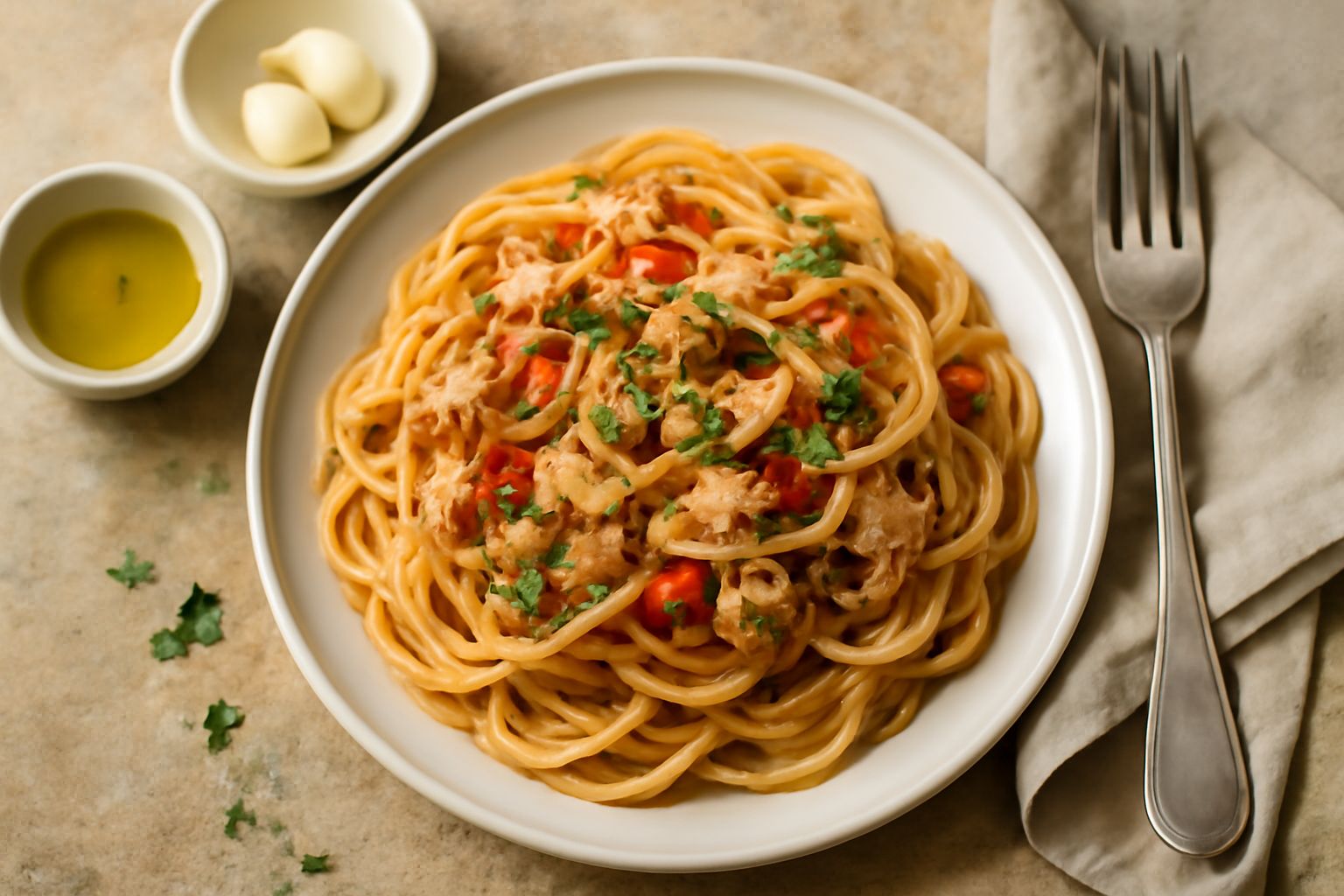 Piatto di spaghetti col tonno con scaglie di peperoncino rosso, aglio affettato sottile e olio di oliva leggero su sfondo bianco