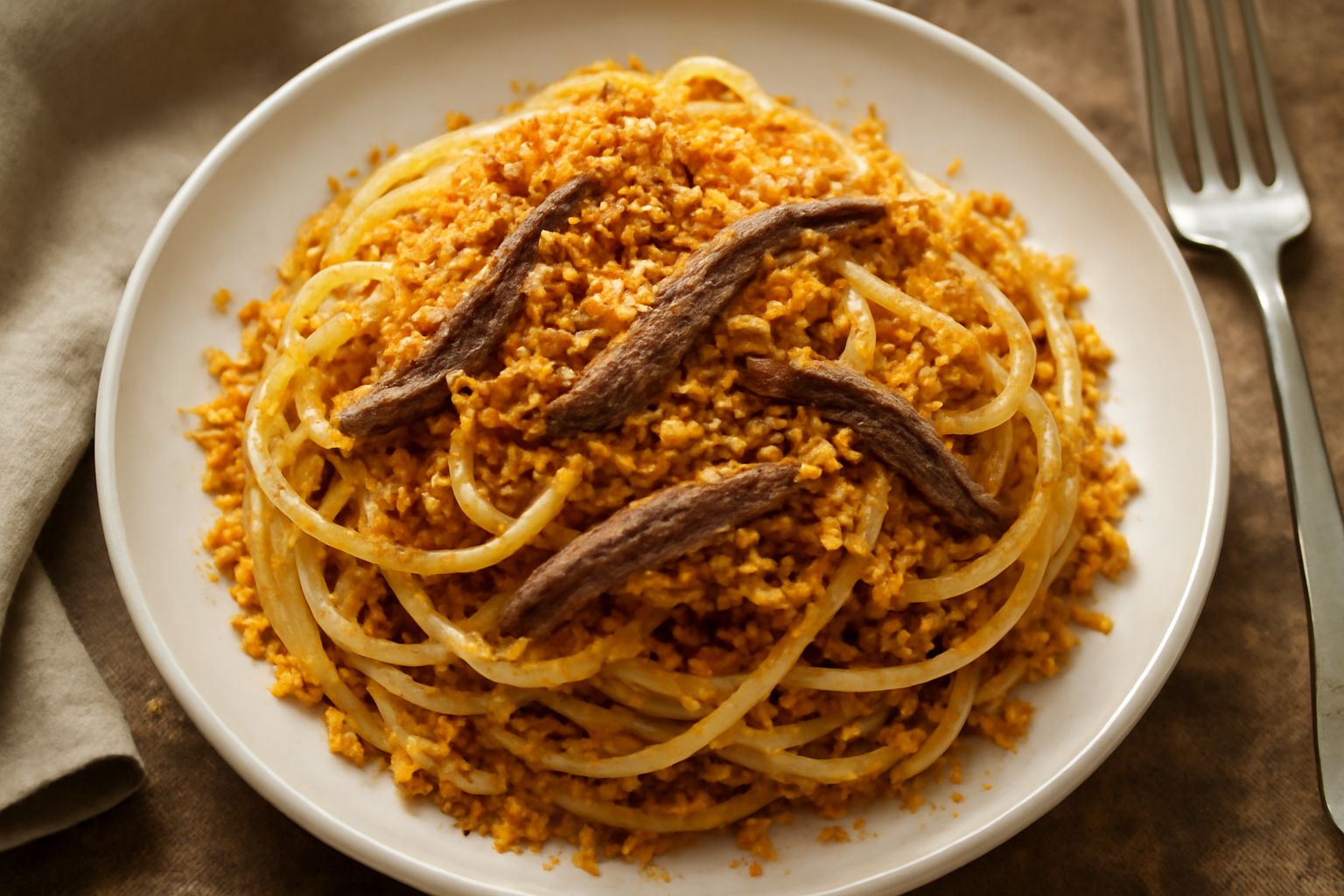Pasta con acciughe e pane tostato