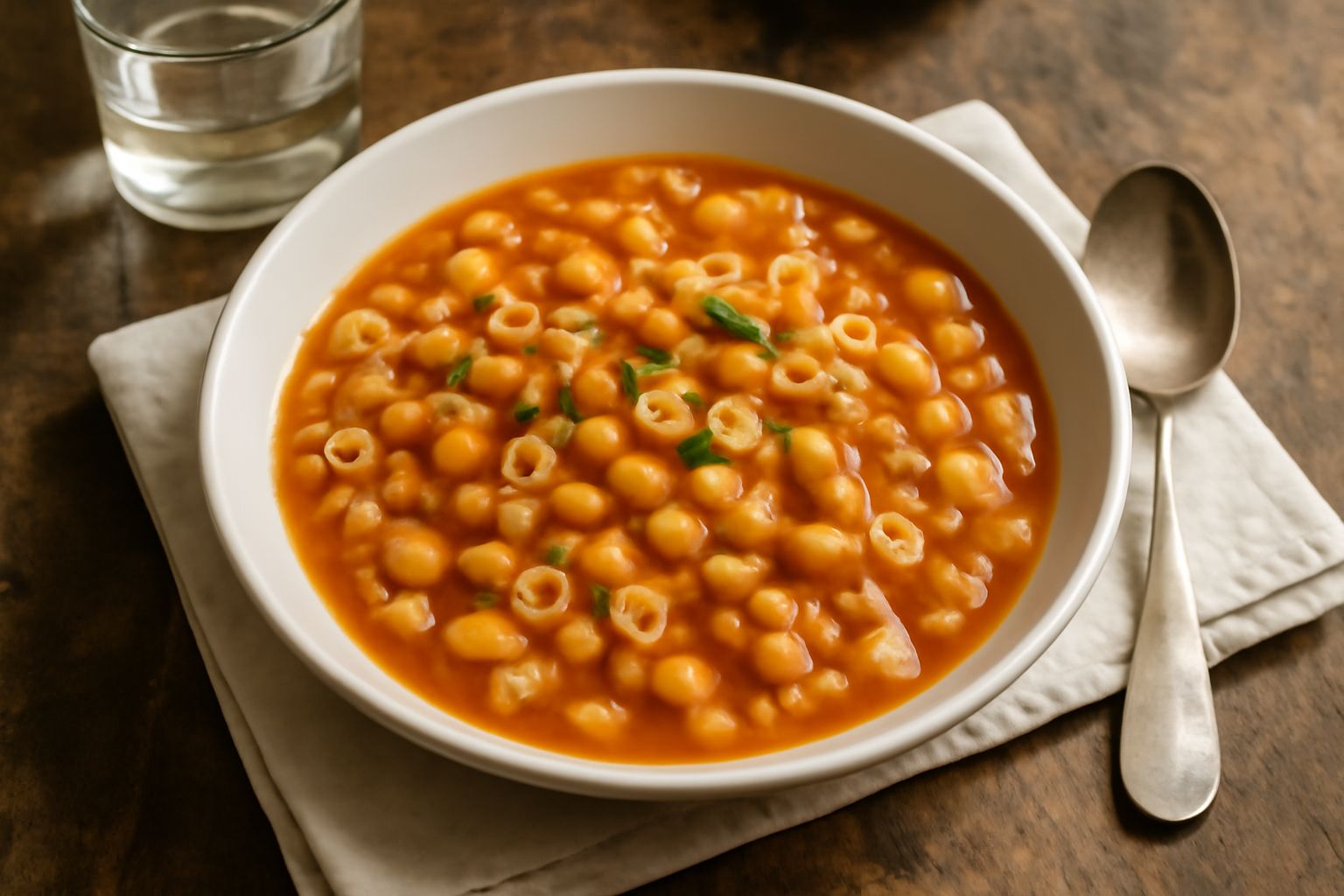 Ciotola di ceramica bianca con pasta e fagioli cremosi, olio verde a filo, pane tostato sul bordo, su tavolo di legno chiaro