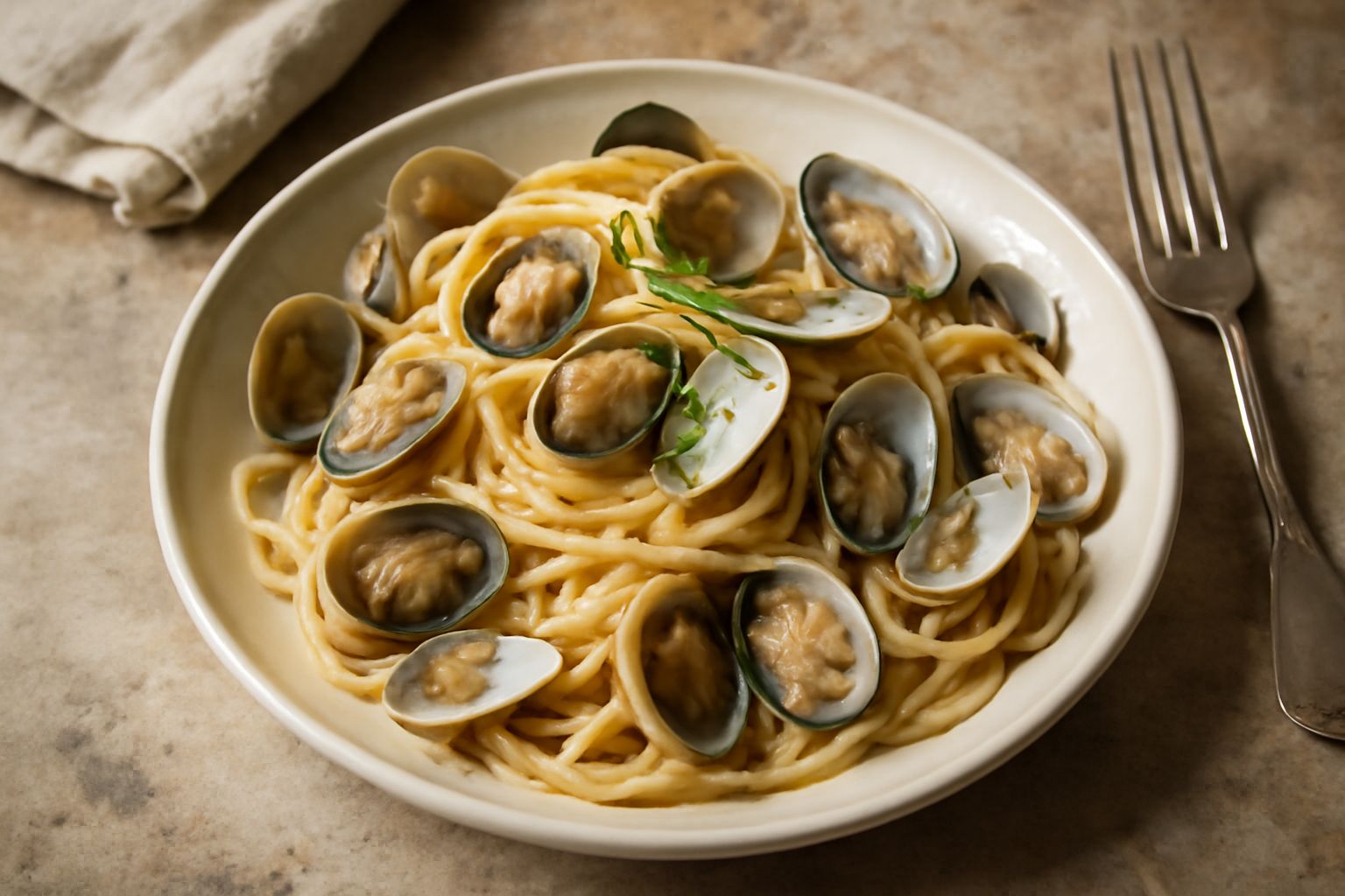 Spaghetti alle vongole in piatto bianco, vongole aperte che lasciano intravedere il mollusco beige, aglio e prezzemolo fresco nel sugo chiaro, piatto visto da sopra