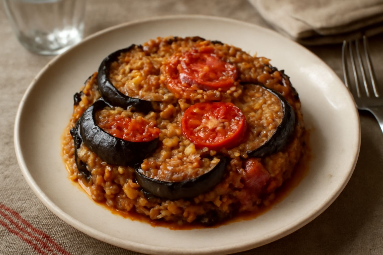 Tiella d'orzo melanzane e pomodori