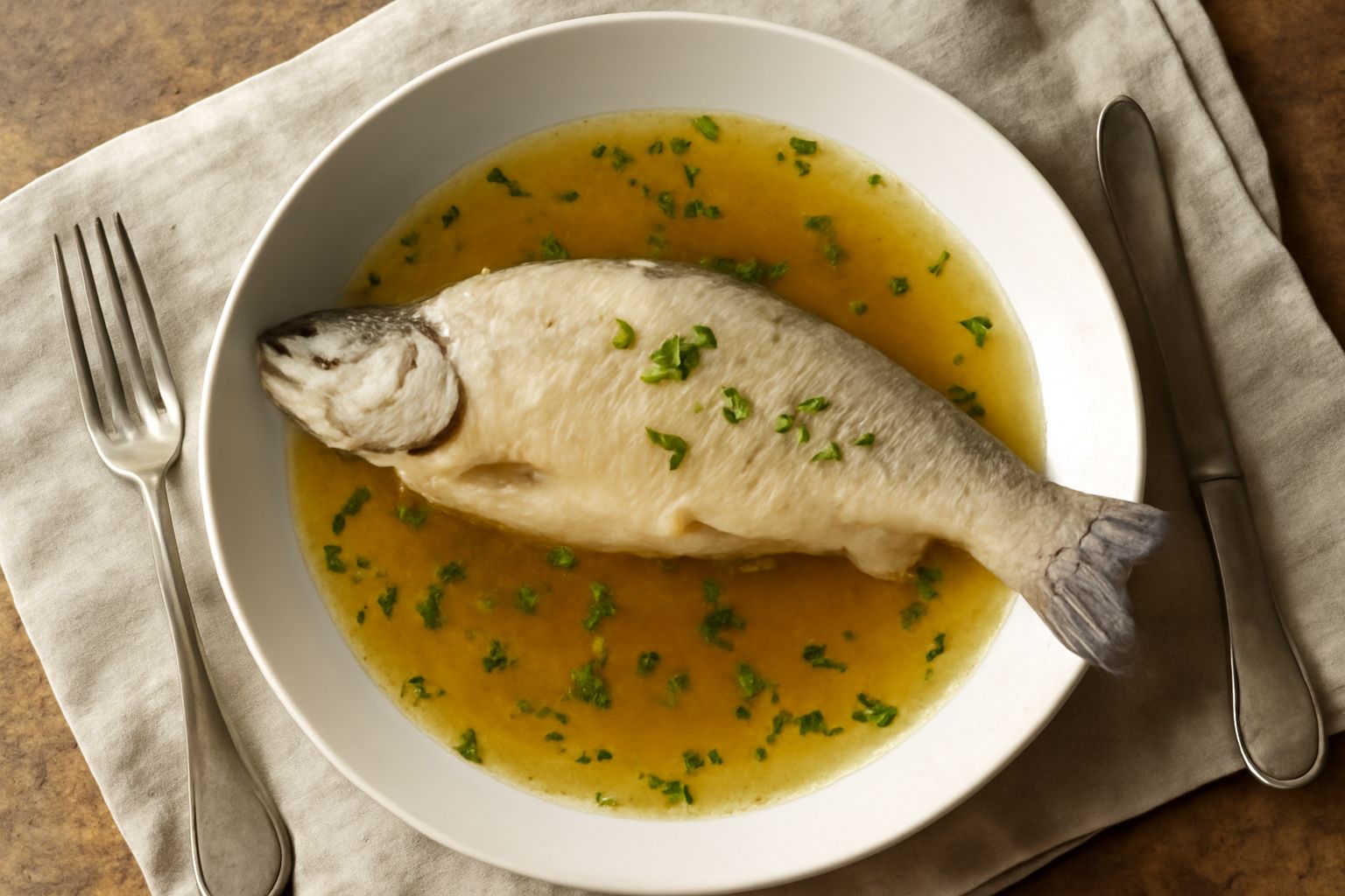 Trota in brodo di pesce