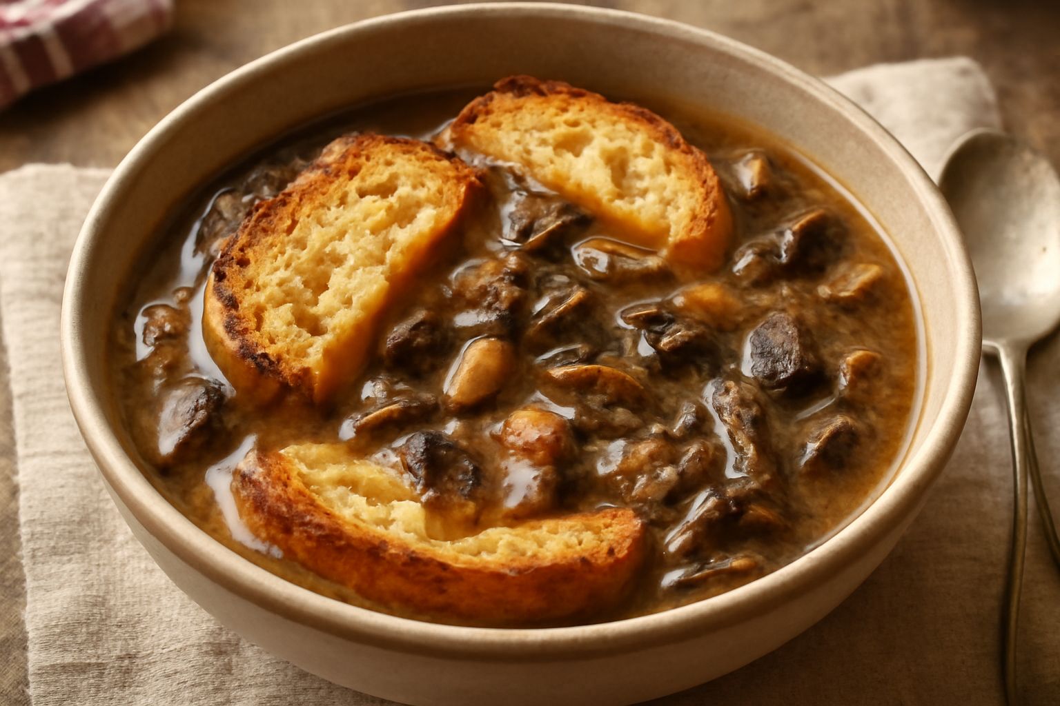 Zuppa di funghi secchi e pane