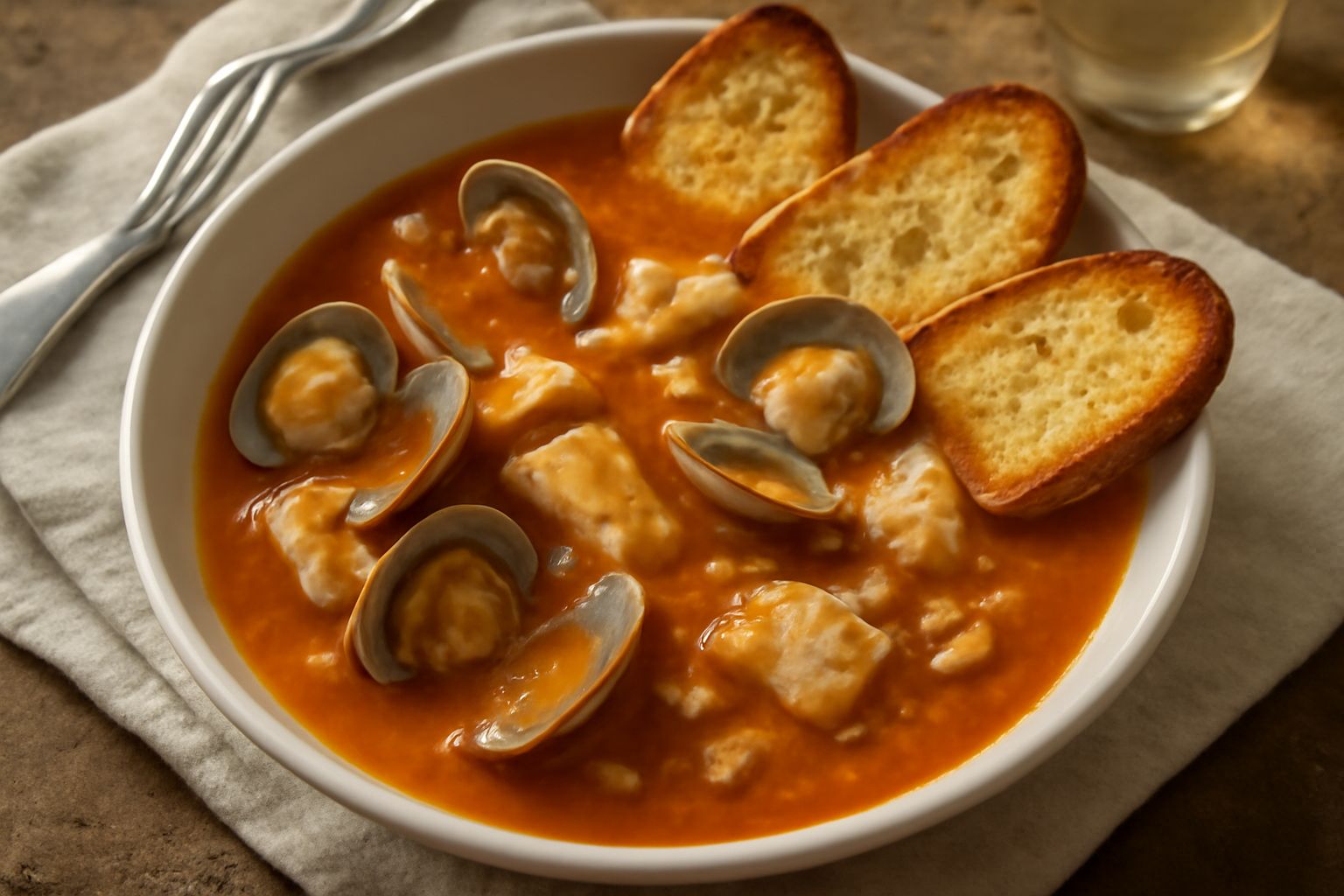 Zuppa di pesce con pane tostato